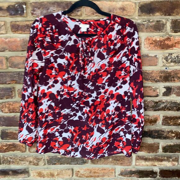 J. Crew White Red Poppy Floral Tie Neck Long Sleeve Blouse Women's Size XXS - Picture 1 of 6